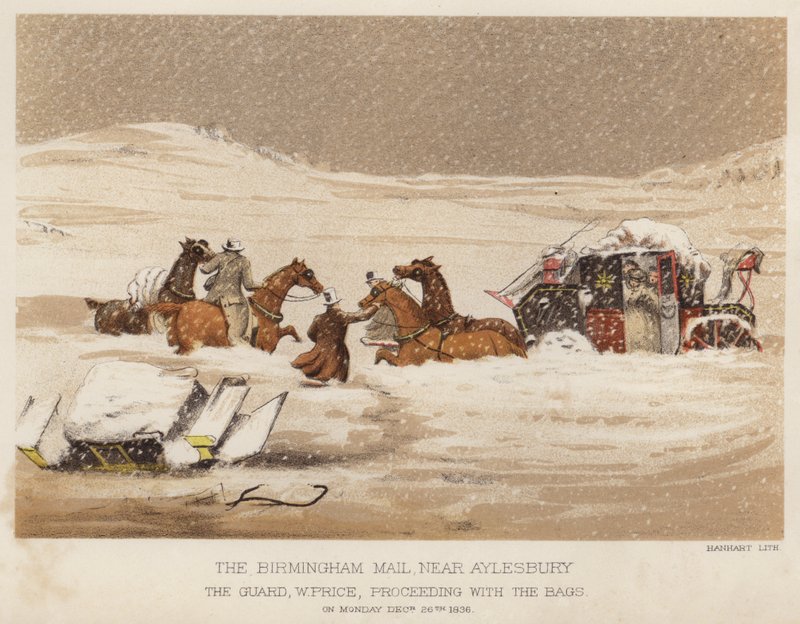 El correo de Birmingham, cerca de Aylesbury, el guardia W Price, procediendo con las bolsas de English School