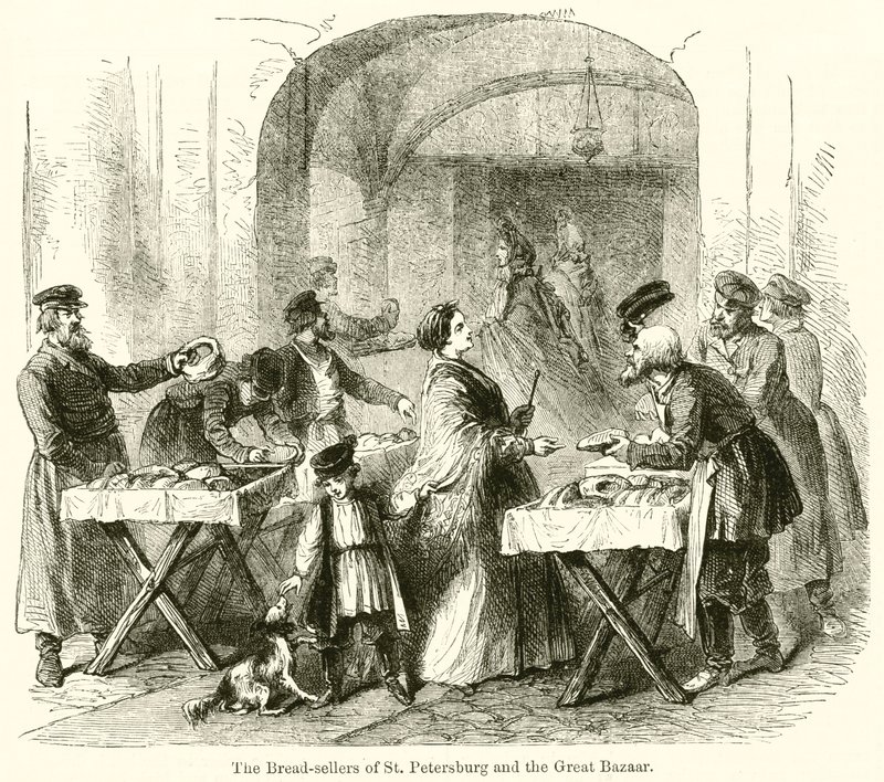 Los panaderos de San Petersburgo y el Gran Bazar (grabado) de English School