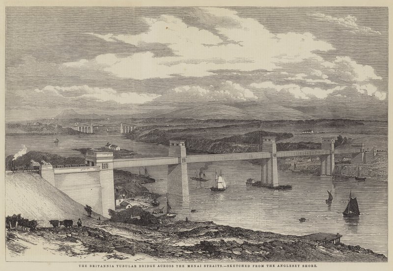 El puente tubular Britannia sobre el estrecho de Menai de English School