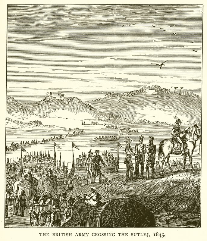 El ejército británico cruzando el Sutlej, 1845 de English School