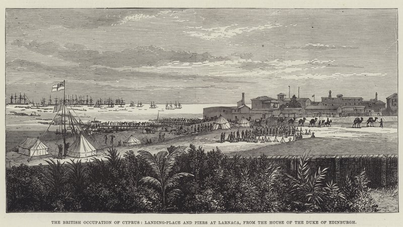 La ocupación británica de Chipre, lugar de desembarco y muelles en Larnaca, desde la Casa del Duque de Edimburgo de English School