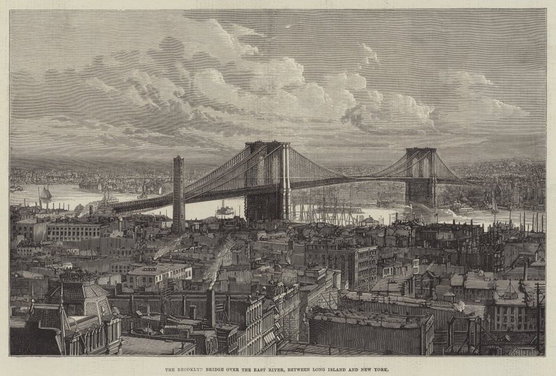 El puente de Brooklyn sobre el East River, entre Long Island y Nueva York (grabado) de English School