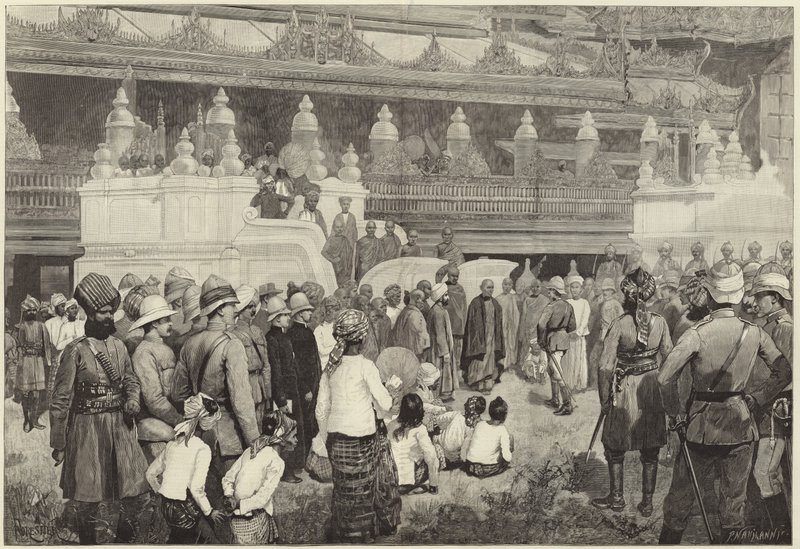 El Arzobispo Budista de Birmania recibiendo a Sir Frederick Roberts en el Monasterio de Mandalay de English School