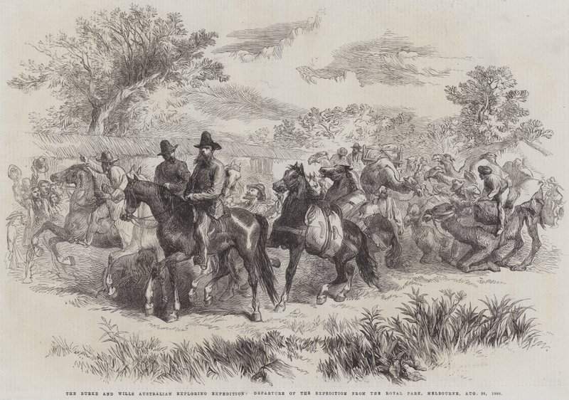 La Expedición de Exploración Australiana de Burke y Wills, Salida de la Expedición del Royal Park, Melbourne, 20 de agosto de 1860 (grabado) de English School