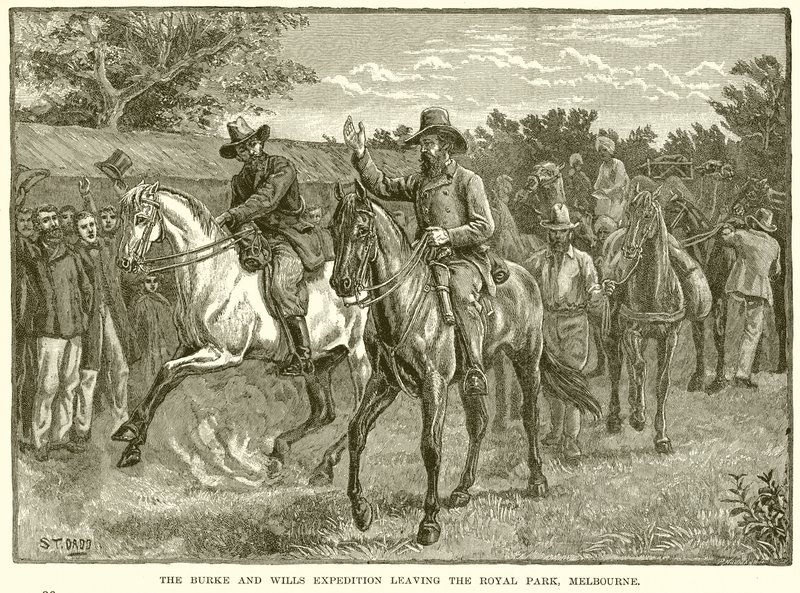 La expedición de Burke y Wills saliendo del Royal Park, Melbourne de English School