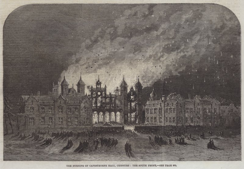 El Incendio de Capesthorne Hall, Cheshire, el Frente Sur (grabado) de English School
