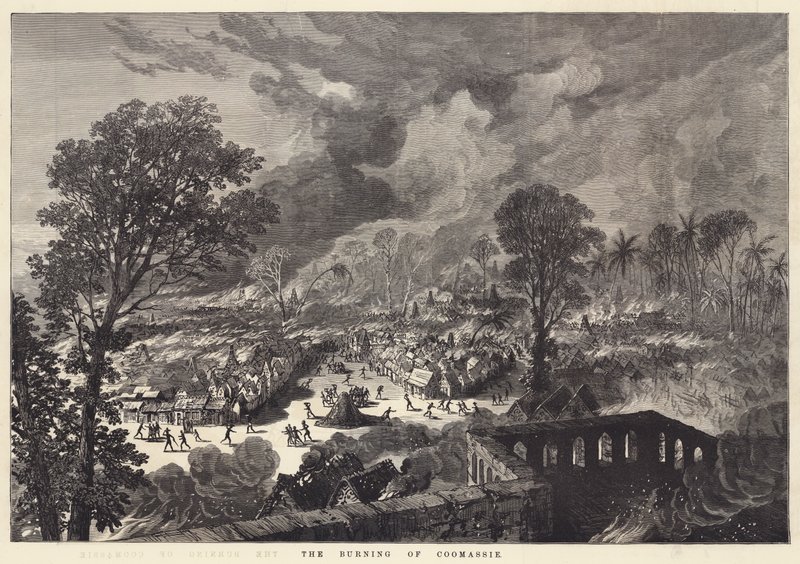 El incendio de Coomassie (grabado) de English School
