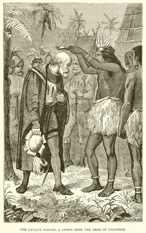 El cacique colocando una corona en la cabeza de Colón de English School