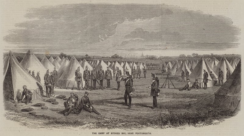 El campamento en Stokes Bay, cerca de Portsmouth (grabado) de English School