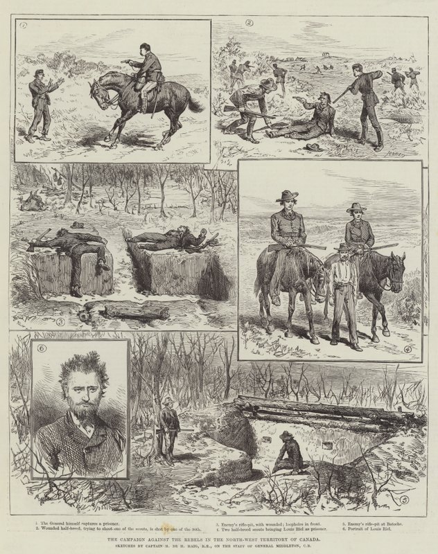 La Campaña contra los Rebeldes en el Territorio del Noroeste de Canadá (grabado) de English School