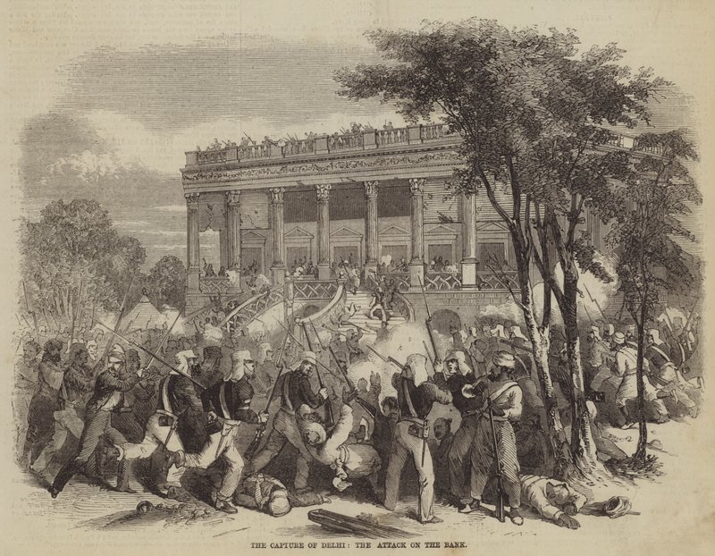 La captura de Delhi, el ataque al banco (grabado) de English School