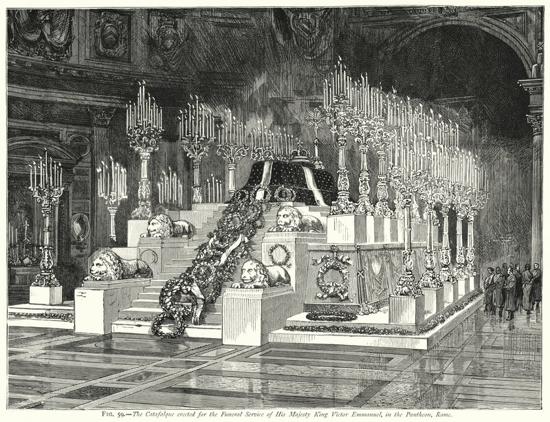 El catafalco erigido para el servicio fúnebre de Su Majestad el Rey Víctor Manuel, en el Panteón, Roma (grabado) de English School
