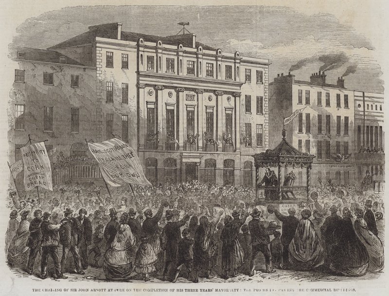 La Presidencia de Sir John Arnott en Cork al Completar sus Tres Años de Alcaldía, la Procesión pasando por los Edificios Comerciales (grabado) de English School