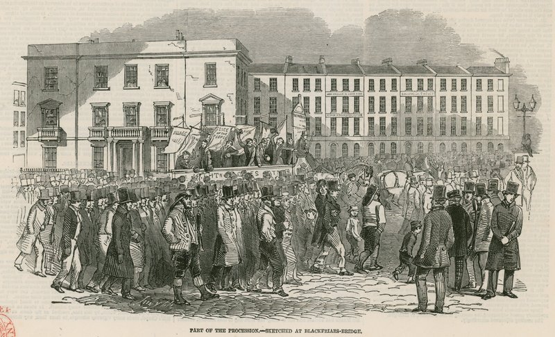La reunión cartista en Kennington Common en 1848, parte de la procesión - dibujado en el puente de Blackfriars de English School
