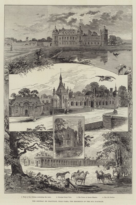 El Chateau de Chantilly, cerca de París, la residencia del Duque de Aumale (grabado) de English School