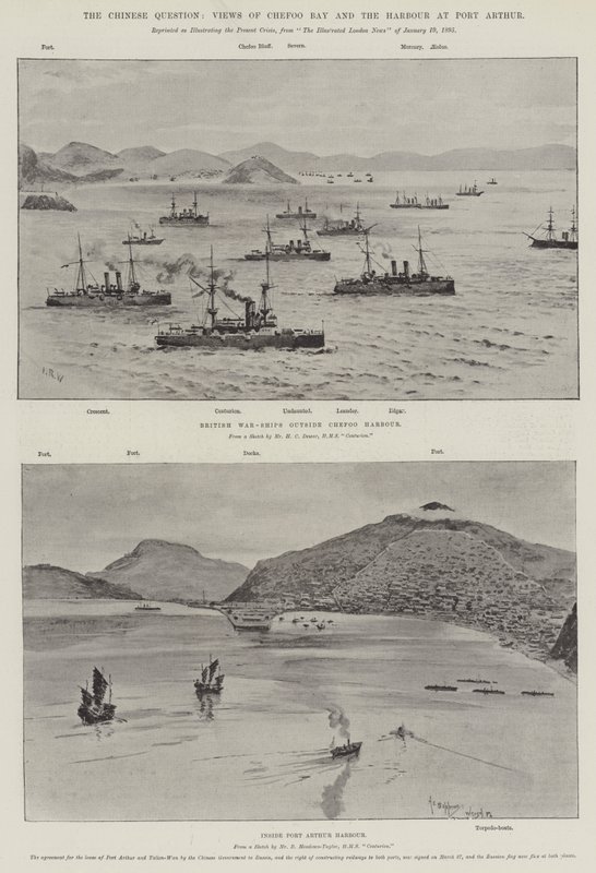 La cuestión china, vistas de la bahía de Chefoo y el puerto de Port Arthur de English School