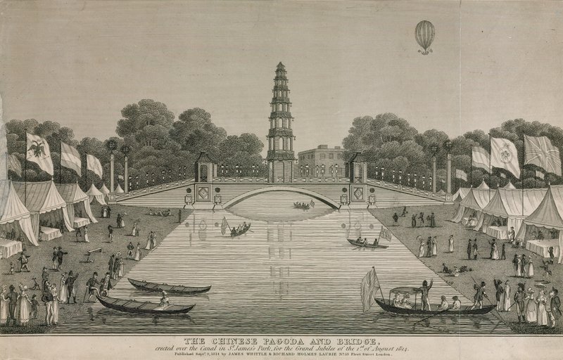 La pagoda china y el puente erigidos sobre el canal en St James
