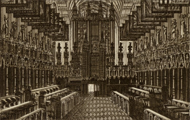 El coro, mirando al oeste, la capilla de San Jorge, Windsor (lito) de English School