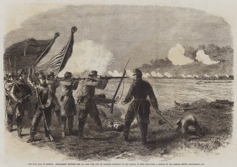 La Guerra Civil en América, Enfrentamiento entre el 71º de Nueva York y un regimiento de Alabama en la Batalla de Bull Run (grabado) de English School
