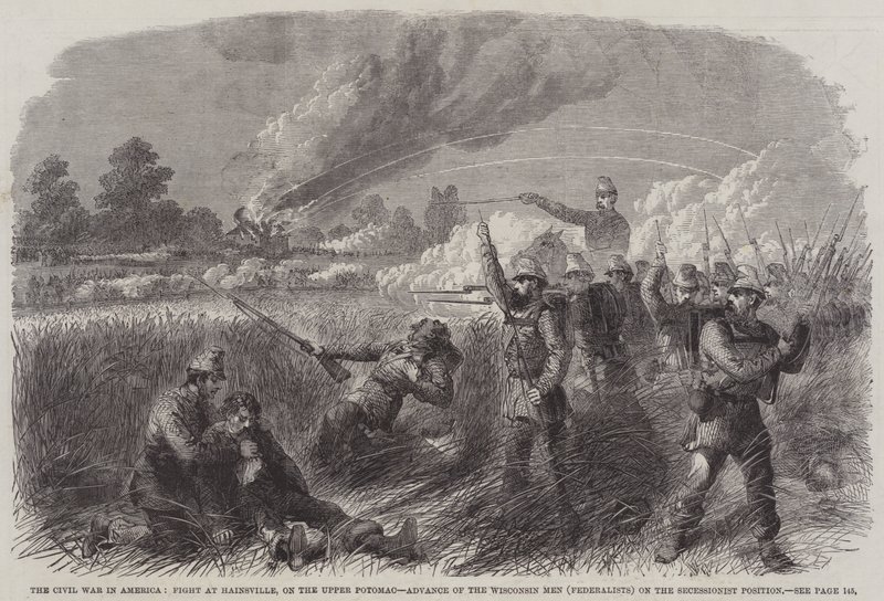 La Guerra Civil en América, Lucha en Hainsville, en el Alto Potomac, Avance de los hombres de Wisconsin (Federalistas) sobre la posición secesionista (grabado) de English School