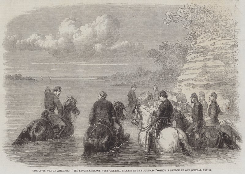 La Guerra Civil en América, "Mi Reconocimiento con el General Sickles en el Potomac" (grabado) de English School