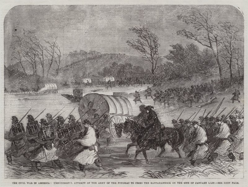 La guerra civil en América, intento fallido del ejército del Potomac de cruzar el Rappahannock el 20 de enero pasado (grabado) de English School