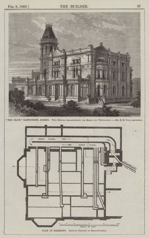 "El Acantilado", Eastbourne, Sussex, con Arreglos Especiales para Humo y Ventilación (grabado) de English School
