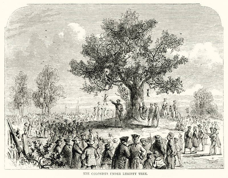 Los colonos bajo el árbol de la libertad (grabado) de English School