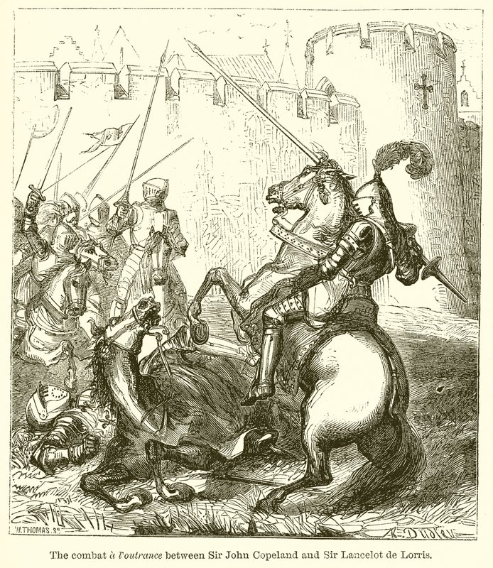 El combate y la resistencia entre Sir John Copeland y Sir Lancelot de Lorris de English School
