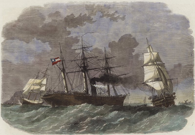 El bergantín-goleta confederado Sumter capturando dos mercantes federales frente a Gibraltar de English School