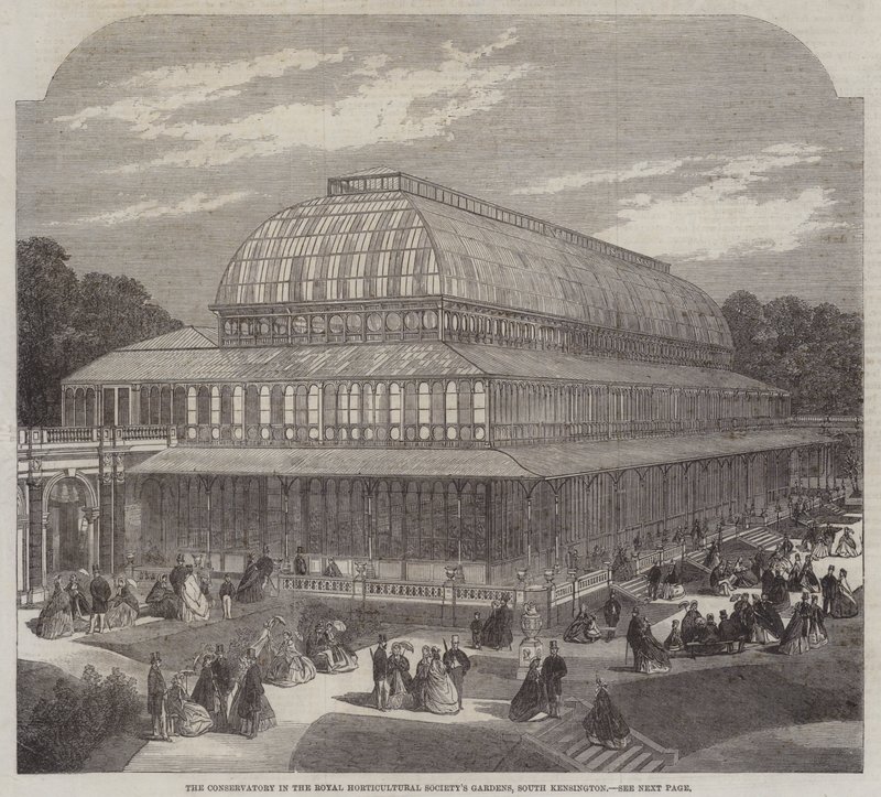 El invernadero en los Jardines de la Sociedad Real de Horticultura, South Kensington (grabado) de English School