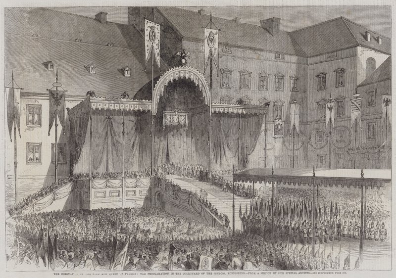 La Coronación del Rey y la Reina de Prusia, la Proclamación en el Patio del Schloss, Konigsberg (grabado) de English School