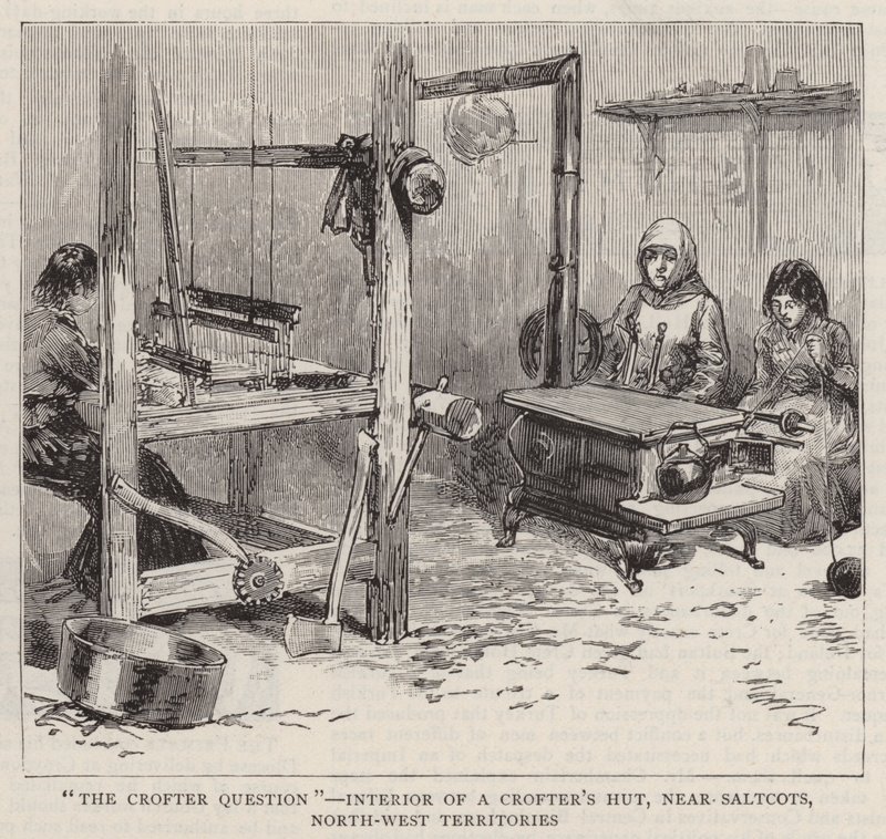 "La cuestión del crofter", interior de una cabaña de crofter, cerca de Saltcots, Territorios del Noroeste de English School