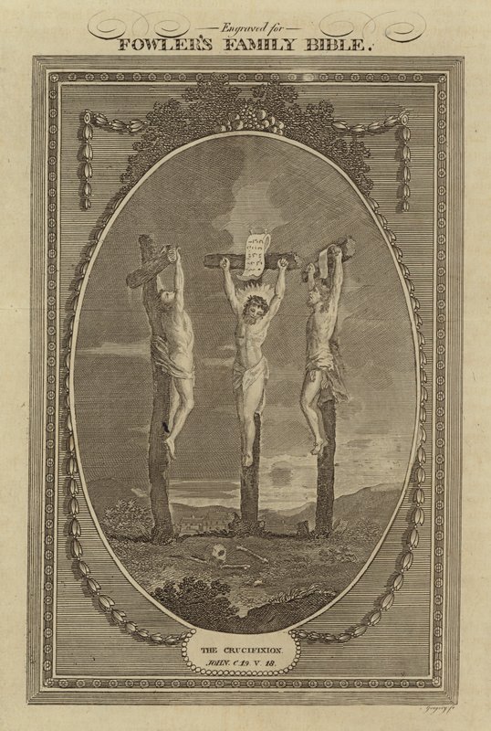 La Crucifixión, Juan, Capítulo 19, Versículo 18 (grabado) de English School