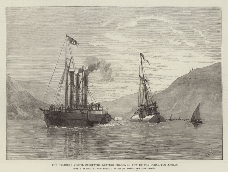 El buque cilindro Cleopatra saliendo de Ferrol remolcado por el remolcador Anglia (grabado) de English School
