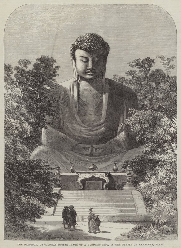 El Daiboodh, o imagen colosal de bronce de un ídolo budista, en el templo de Kamakura, Japón de English School