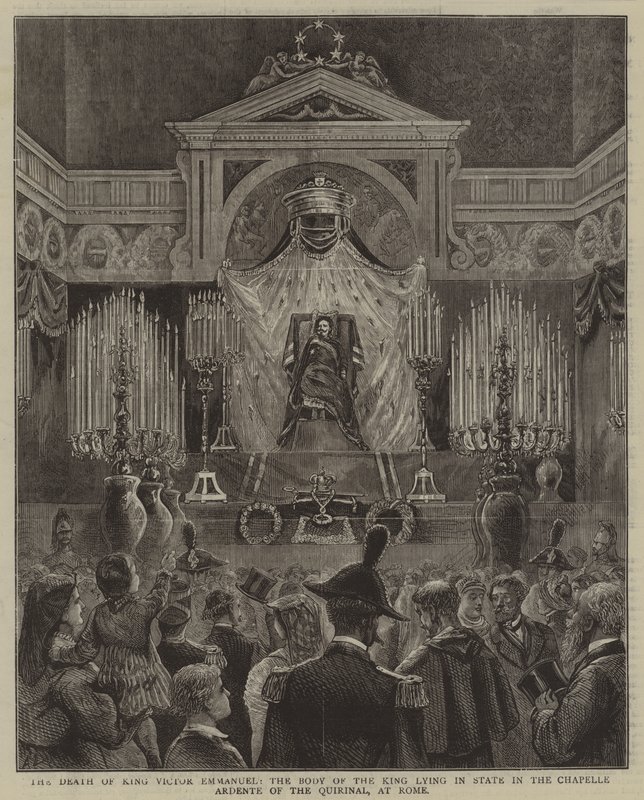 La muerte del rey Víctor Manuel, el cuerpo del rey yace en estado en la Capilla Ardente del Quirinal, en Roma de English School