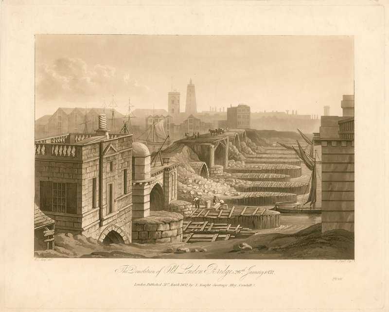 La demolición del viejo Puente de Londres, 26 de enero de 1832 de English School
