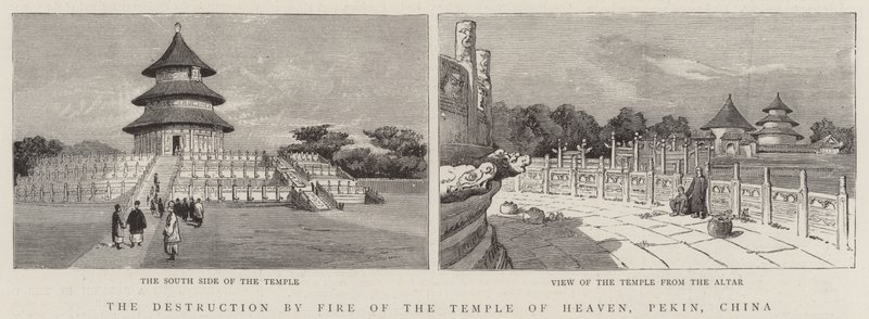 La destrucción por fuego del Templo del Cielo, Pekín, China de English School