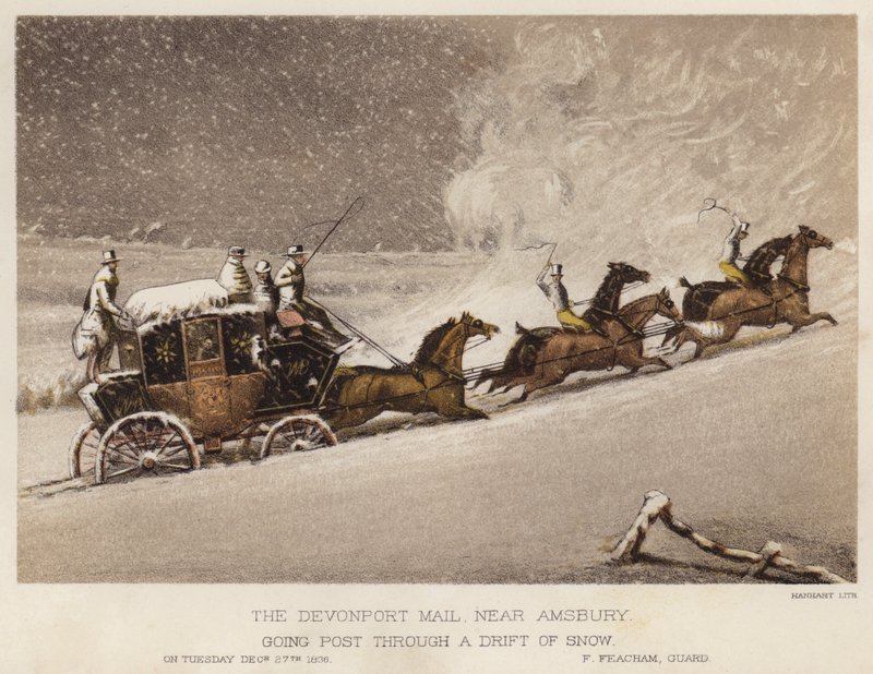 El correo de Devonport, cerca de Amsbury, pasando por una deriva de nieve de English School