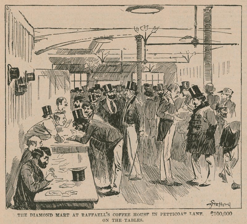 El mercado de diamantes en Raffaells Coffee House en Petticoat Lane de English School