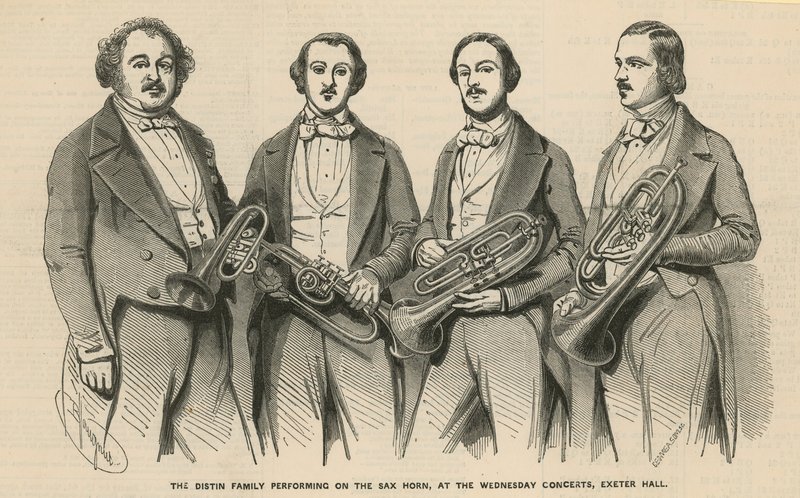 La familia Distin tocando el saxhorn en los Conciertos de los Miércoles, Exeter Hall de English School