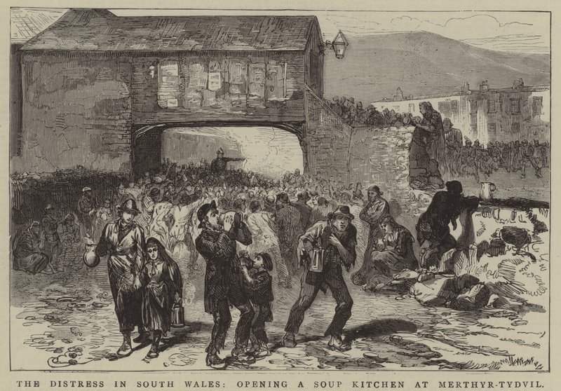 La angustia en el sur de Gales, apertura de un comedor social en Merthyr-Tydvil (grabado) de English School