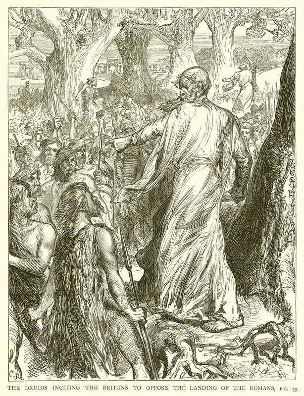 Los Druidas incitando a los Britanos a Oponerse al Desembarco de los Romanos, 55 a.C. de English School