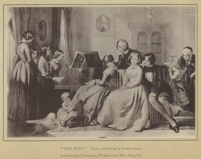 El Dueto, de una Pintura de Frank Stone, introduciendo a Tennyson, Dickens y la Srta. Hogarth de English School
