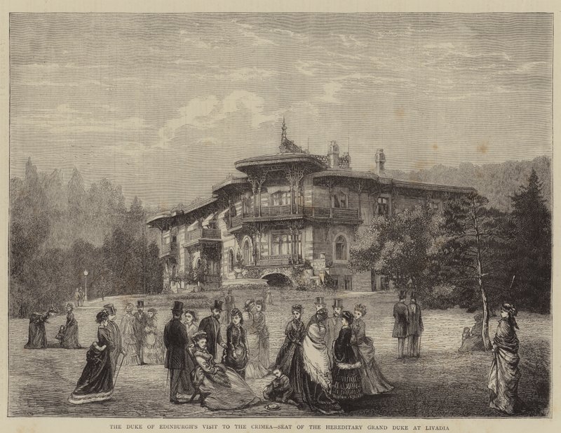La Visita del Duque de Edimburgo a Crimea, Asiento del Gran Duque Hereditario en Livadia (grabado) de English School
