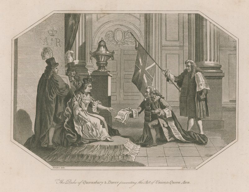 El Duque de Queensbury y Dover presentando el Acta de Unión a la Reina Ana de English School