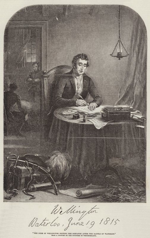 El Duque de Wellington escribiendo el despacho después de Waterloo (grabado) de English School