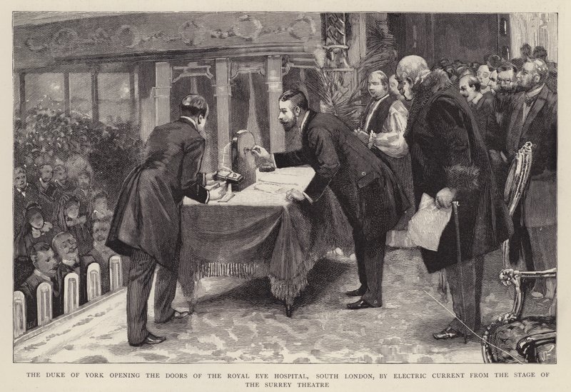 El Duque de York abriendo las puertas del Hospital Real de Ojos del Sur de Londres, mediante corriente eléctrica desde el escenario del Teatro de Surrey de English School