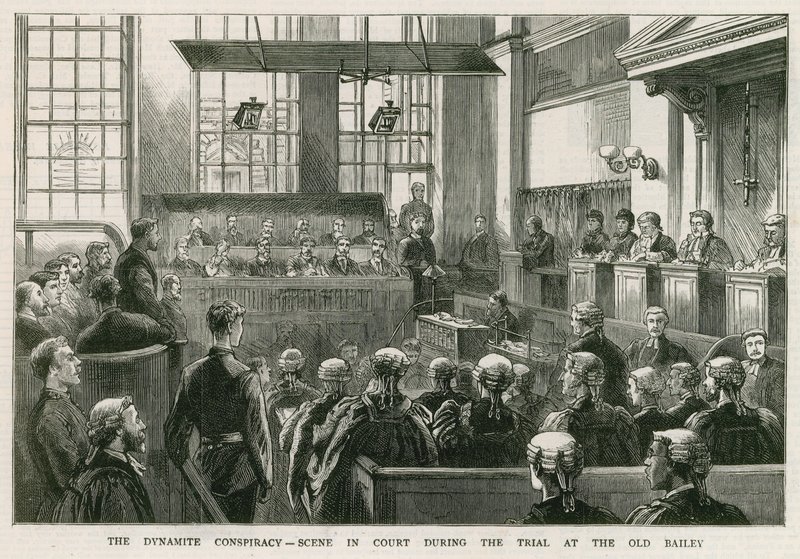 La Conspiración de la Dinamita, escena en la corte durante el juicio en el Old Bailey de English School